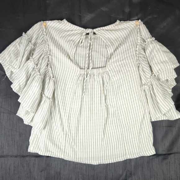 Chelsea & Theodore White/Gray Striped Cotton Ruffled SleeveTop Boho Sz XS - Picture 2 of 10